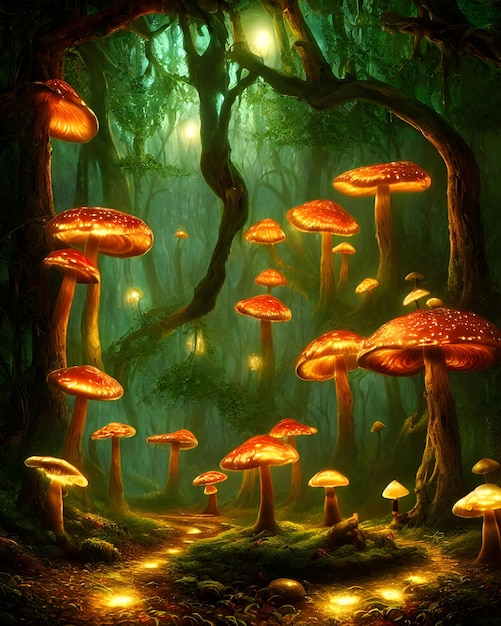 uma floresta encantada à noite iluminada por cogumelos brilhantes fantasia surrealismo ilustração 3d