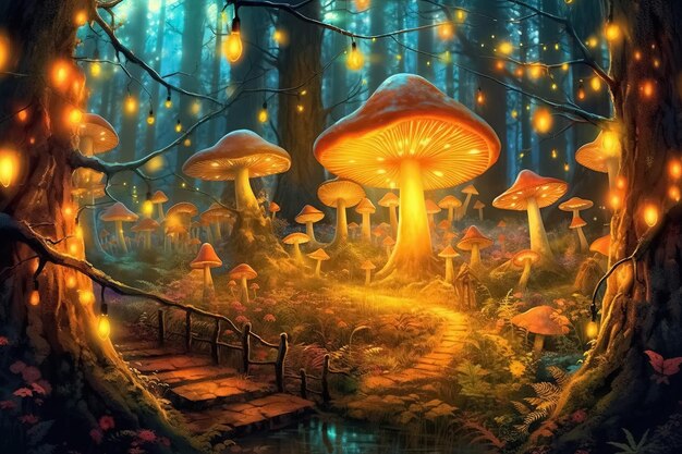 Foto uma floresta encantada à noite iluminada por cogumelos brilhantes generative ai