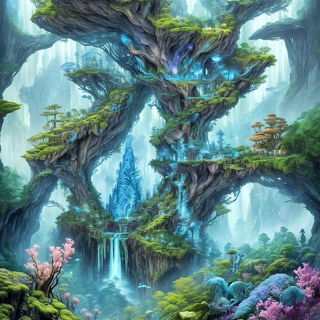 Uma floresta encantada com criaturas mágicas e flora vívida ilustração altamente detalhada do Hall