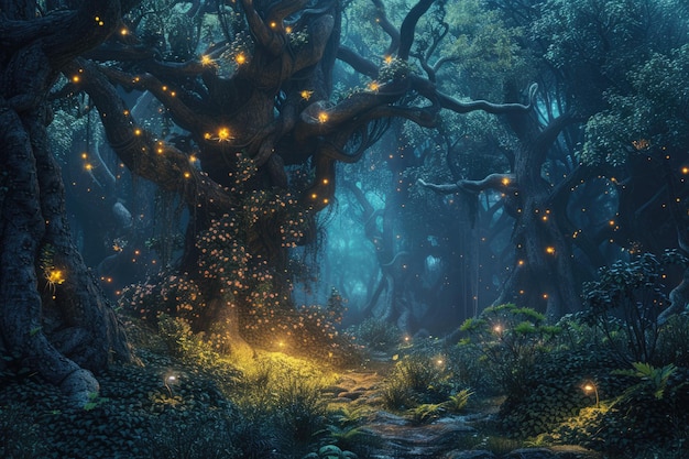 Uma floresta encantada com criaturas mágicas resplandecentes