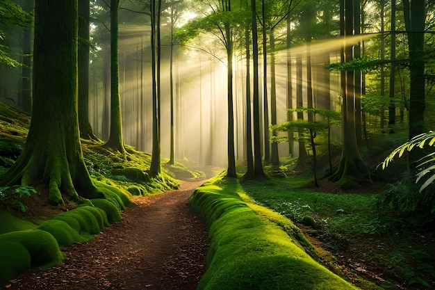 Foto uma floresta encantadora iluminada pela insensibilidade da luz solar filtrando através da densa cobertura do canto recurso criativo ai gerado