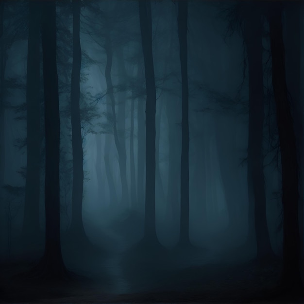 Uma floresta escura cheia de sombras misteriosas e uma névoa misteriosa Fundo de Halloween
