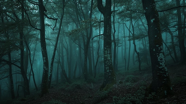 Uma floresta escura com árvores e nevoeiro