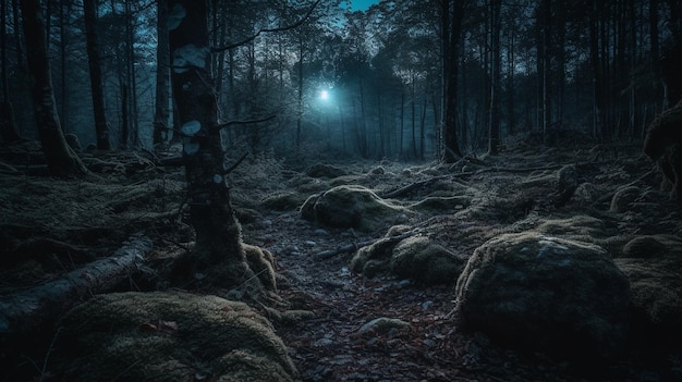 Uma floresta escura com um céu azul e um caminho com pedras e árvores.