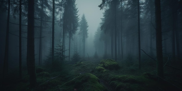 Uma floresta escura com um céu azul e uma árvore no meio.