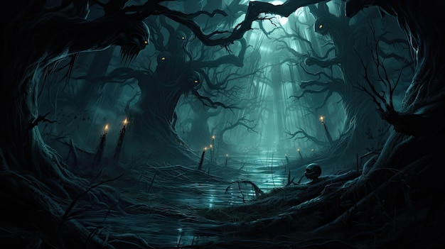 uma floresta escura com um homem em uma floresta escura.