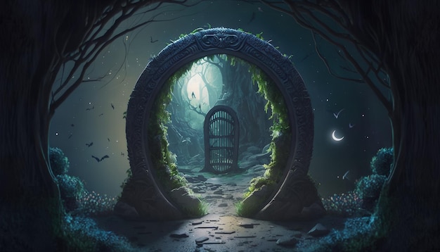 Uma floresta escura com um portão e uma lua
