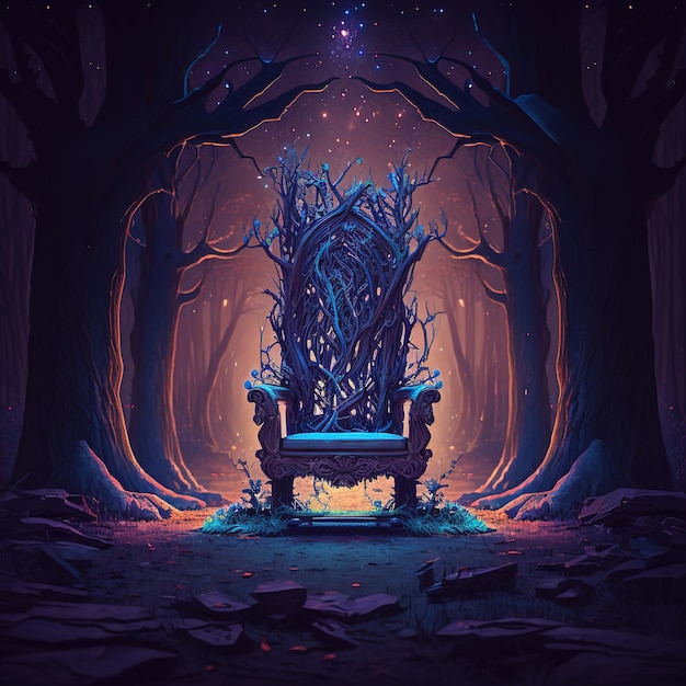 Uma floresta escura com um trono feito pelo artista.
