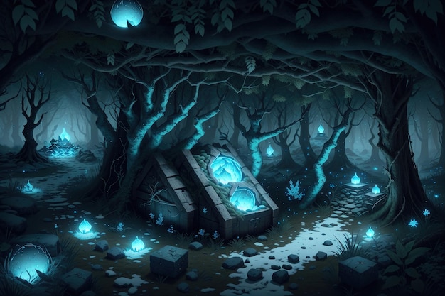 Uma floresta escura com uma lanterna azul e uma caixa com a palavra fogo nela.
