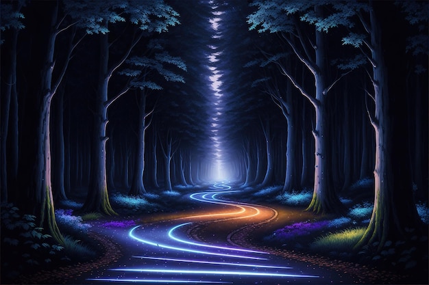 Uma floresta escura com uma luz no meio e uma luz azul no meio.