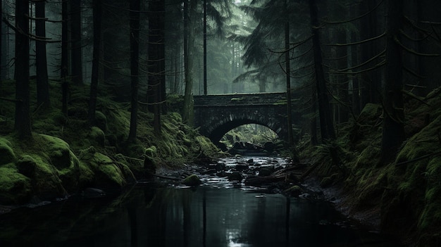uma floresta escura com uma ponte e um rio ao fundo.