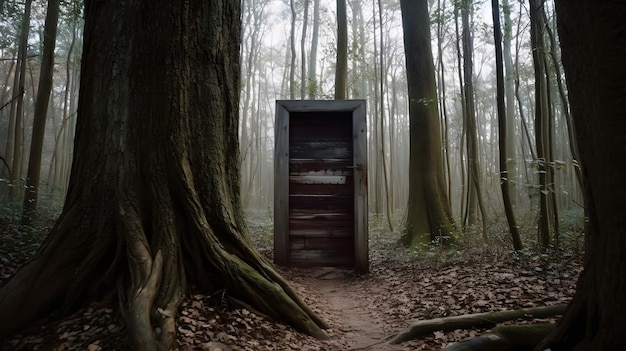 Uma floresta escura com uma porta que diz 'the door'