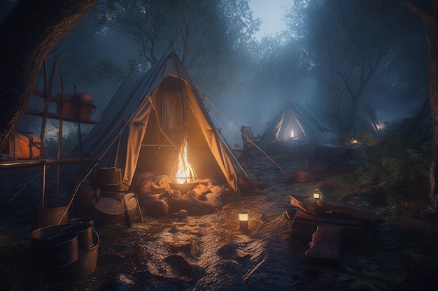 Uma floresta escura com uma tenda e velas acesas.