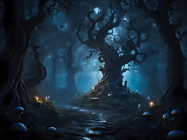 Foto uma floresta escura e assustadora com árvores torcidas e cogumelos brilhantes