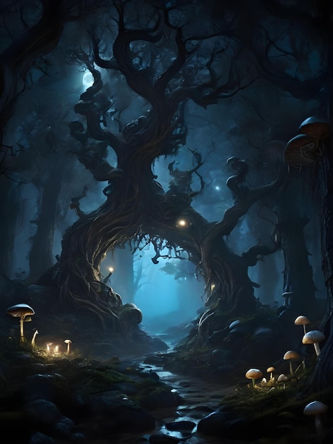 Foto uma floresta escura e assustadora com árvores torcidas e cogumelos brilhantes