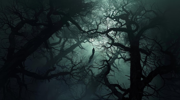 Uma floresta escura e misteriosa, envolta em névoa, com árvores nuas e torcidas, e a luz da lua filtrando através dela, criando uma atmosfera misteriosa e sinistra.