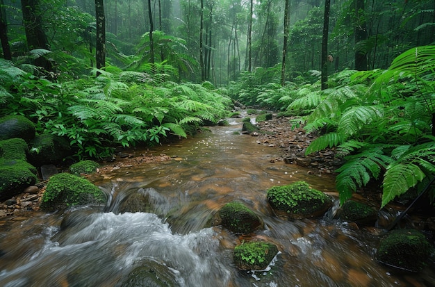 Uma floresta exuberante com um riacho que mostra a beleza e a importância da conservação da natureza