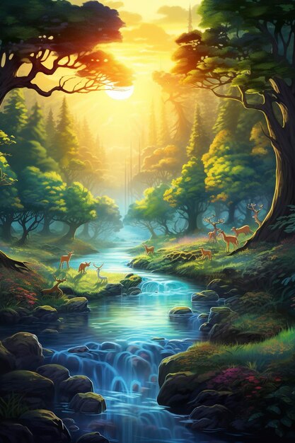 Uma floresta exuberante e vibrante com um rio sinuoso serpenteando no meio iluminado por alguns raios