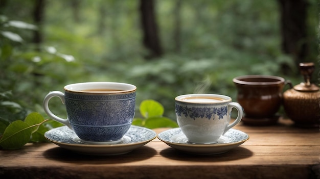 Uma floresta exuberante em uma mesa de madeira adornada com uma xícara de café recém-fervida