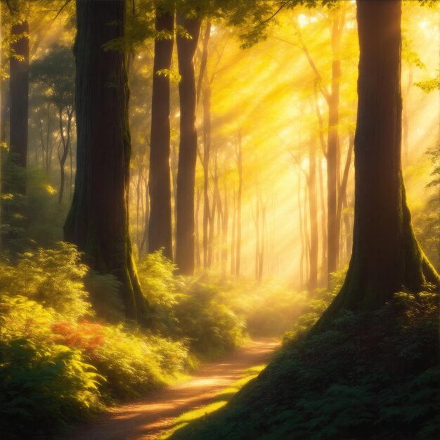 Uma floresta exuberante repleta de árvores diversas e coloridas com luz solar dourada