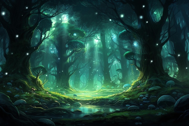 Uma floresta mágica de animais de anime com criaturas místicas