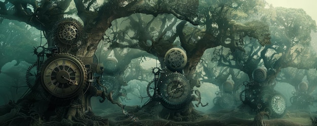 Uma floresta mística de relógio onde cada árvore tem um relógio e engrenagens mecânicas girando em seu tronco