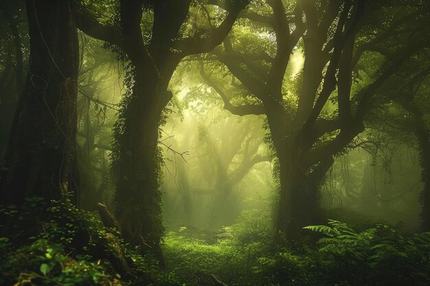 Uma floresta mística envolta em névoa com árvores antigas e luz etérea