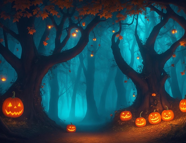 Uma floresta mística iluminada por um fundo brilhante de jacko'lanterns para o Halloween