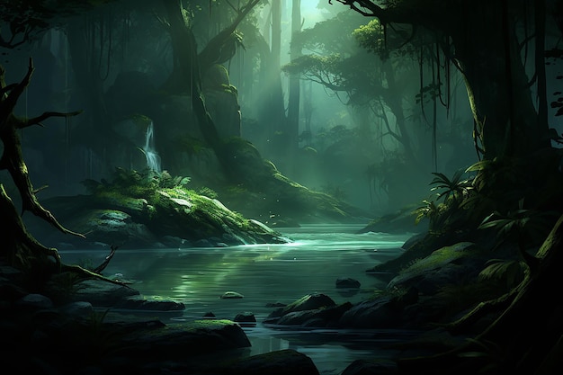 uma floresta mítica com plantas bioluminescentes brilhantes geradas por Ai