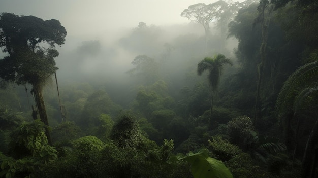 Uma floresta na névoa com uma palmeira em primeiro plano