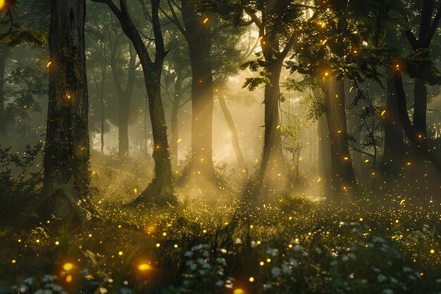 Uma floresta nebulosa cheia de vaga-lumes