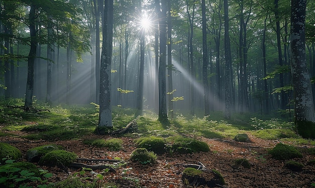 Uma floresta nebulosa com os raios do sol filtrando