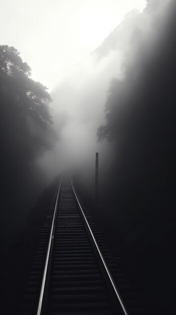 Uma floresta nebulosa com trilhos de trem desaparecendo ao longe