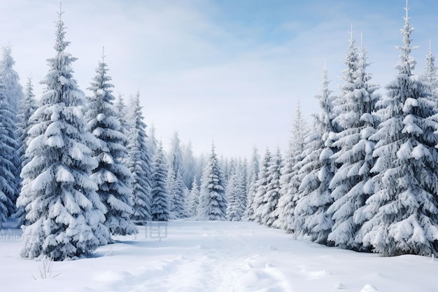 uma floresta nevada com árvores e neve
