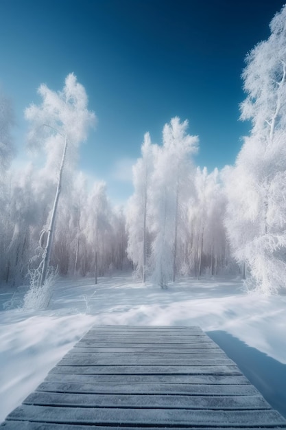 Uma floresta nevada com uma ponte em primeiro plano e um céu azul ao fundo.