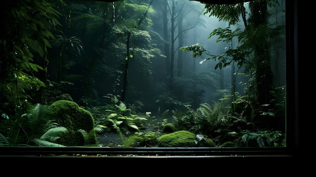 uma floresta repleta de plantas e árvores verdes Vista da janela de metal