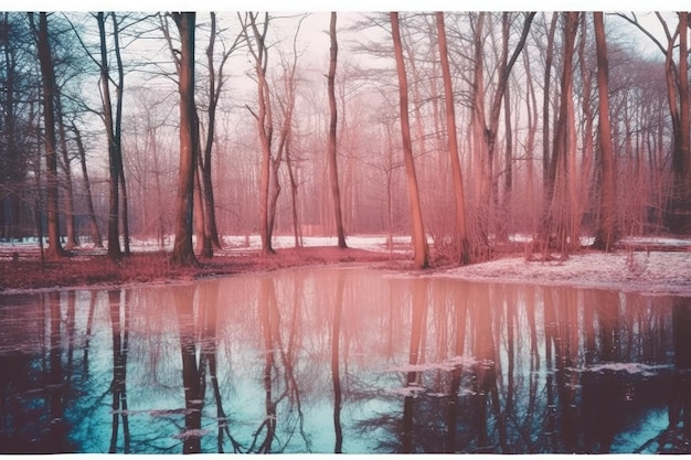 Uma floresta rosa com um lago ao fundo e as árvores em primeiro plano.