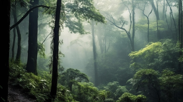 Uma floresta serena com névoa flutuando através da árvore