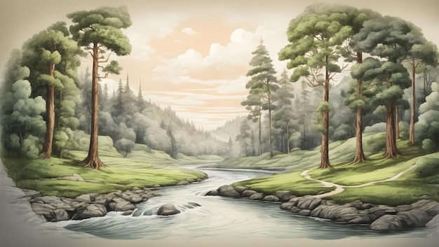 Uma floresta tranquila com árvores altas e um rio sinuoso correndo através dela ilustração