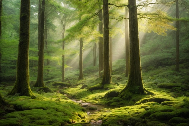 Uma floresta tranquila com árvores altas e um tapete de musgo verde vibrante salpicado pela luz do sol