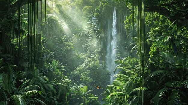 Uma floresta tropical exuberante com árvores altas pássaros exóticos e cachoeiras em cascata