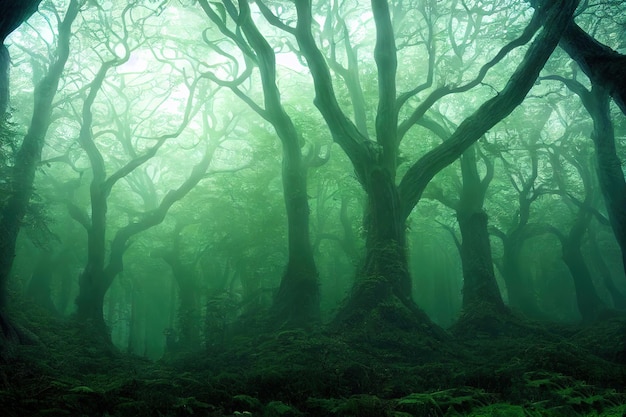 Uma floresta verde com árvores altas fica na renderização 3D da névoa