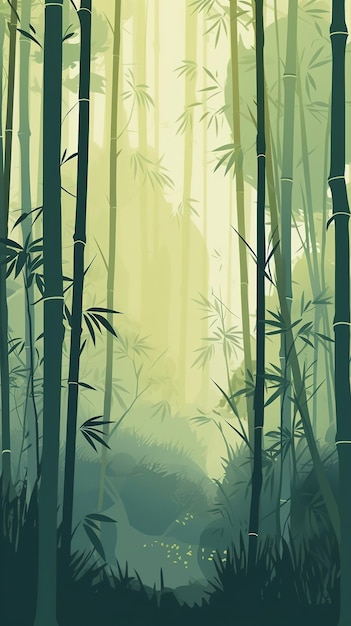 Uma floresta verde com árvores de bambu ao fundo.