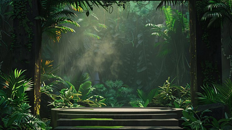 Foto uma floresta verde com um banco e árvores no fundo