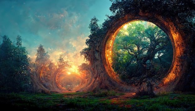 Uma floresta verde densa fantástica mágica Um portal azul é visível entre as árvores Ilustração fabulosa ilustração 3d
