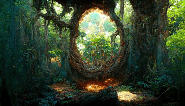 Uma floresta verde densa fantástica mágica Um portal azul é visível entre as árvores Ilustração fabulosa ilustração 3d