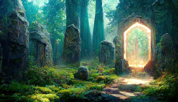 Uma floresta verde densa fantástica mágica Um portal azul é visível entre as árvores Ilustração fabulosa ilustração 3d