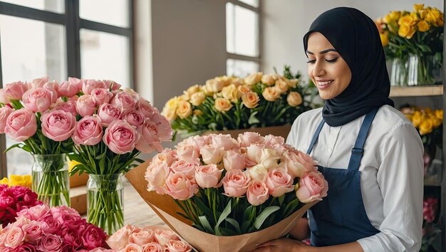 Uma florista muçulmana coleta um buquê de pions, flores recortadas em vasos em lojas de flores e estantes para venda, entrega para o feriado de primavera, 8 de março, dia de aniversário da mulher.