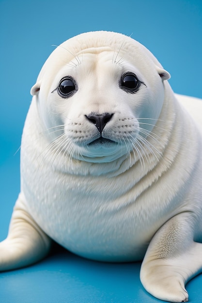 Foto uma foca branca está sentada em um fundo azul