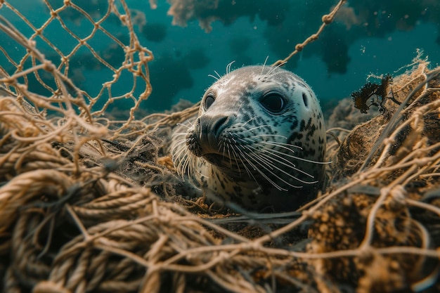 Foto uma foca cinzenta do atlântico tragicamente apanhada nos restos de uma rede de pesca